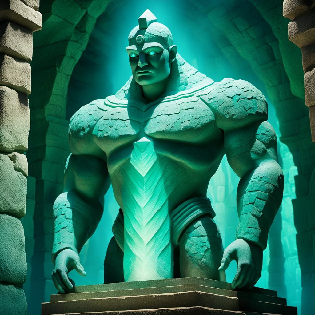 Amazonite Golem in Stone Temple, Surreal Digital Art