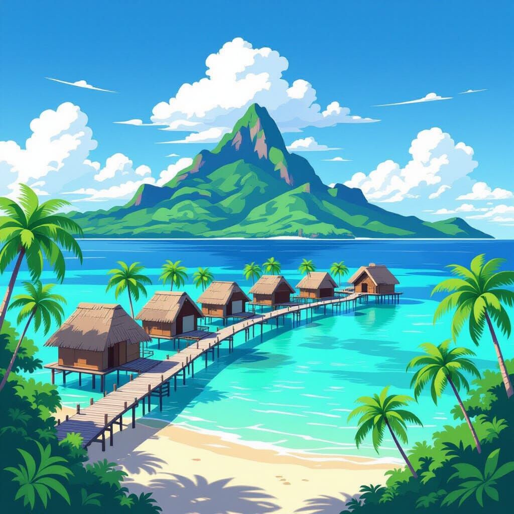 Serene Tropical Island Paradise with Huts and Palm Trees