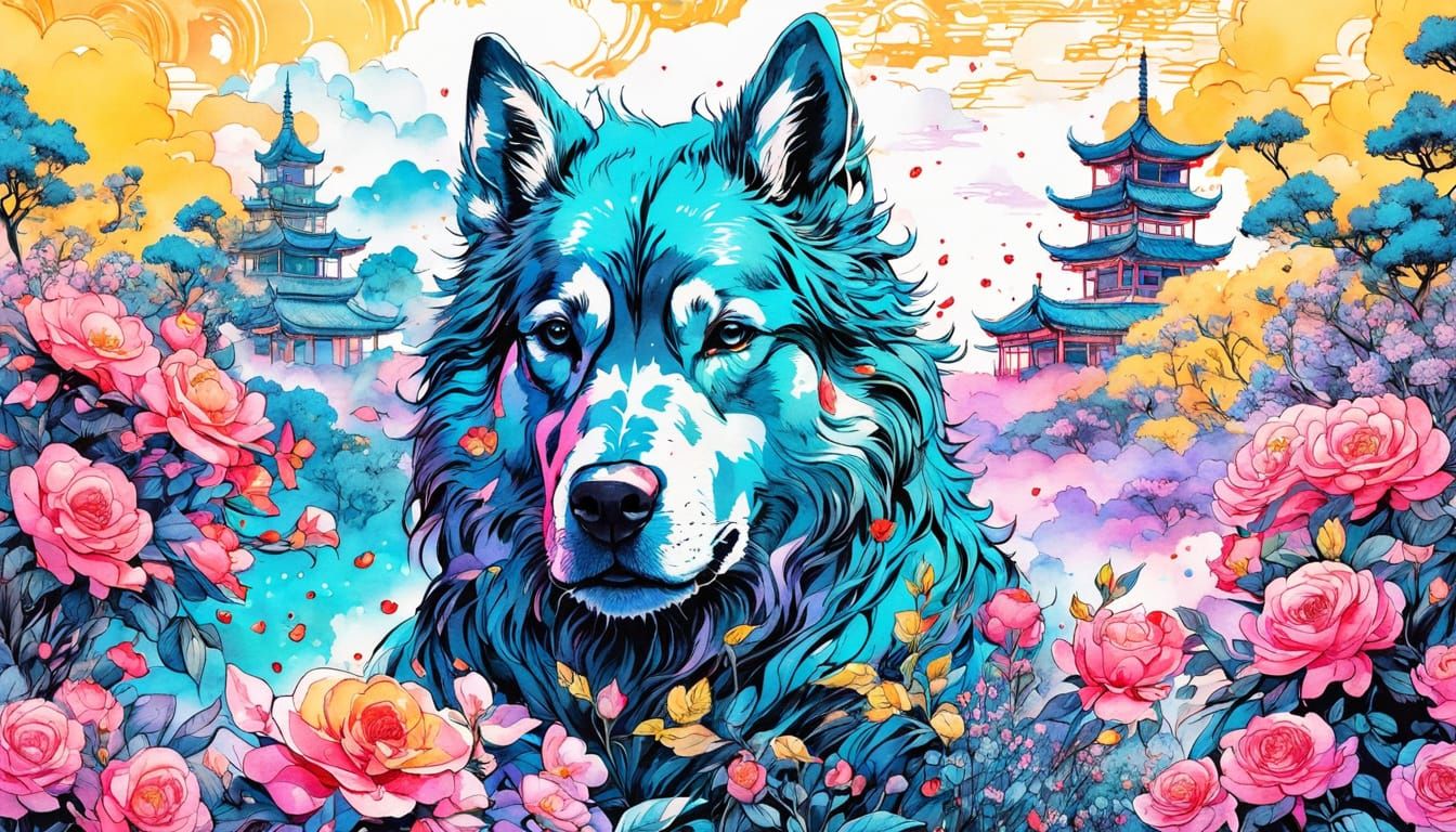 Surreal Asian Dog in Vibrant Turquoise Watercolor Landscape