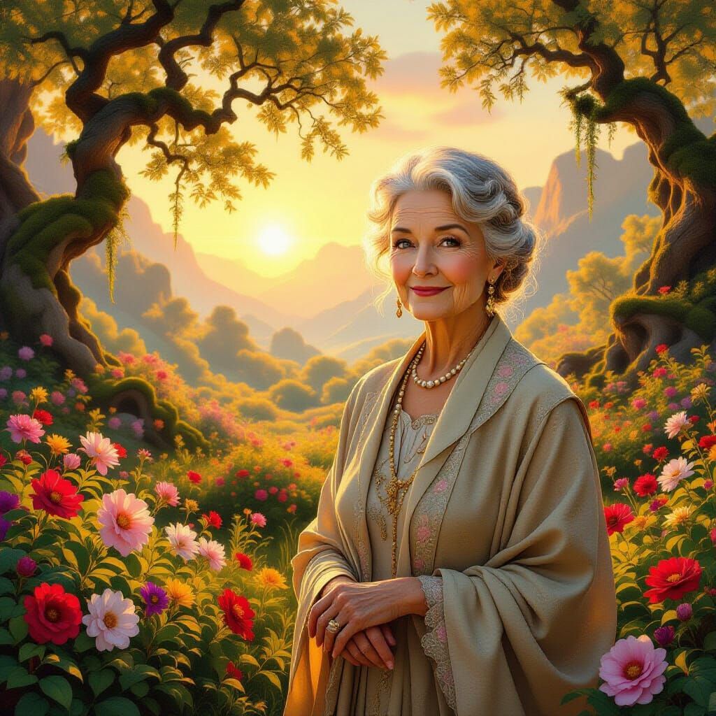 Elegant Elder in Magical Sunset Landscape