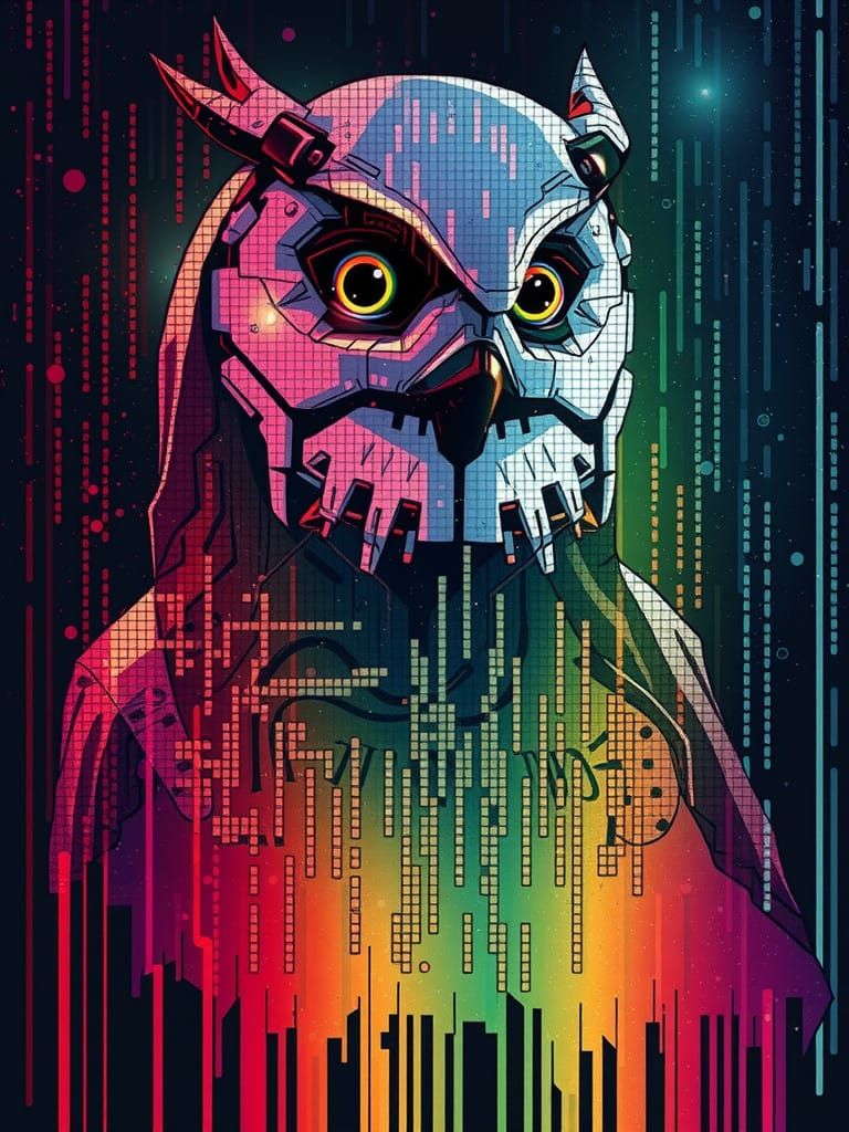 Cyberpunk Hooded Figure in Neon Cityscape