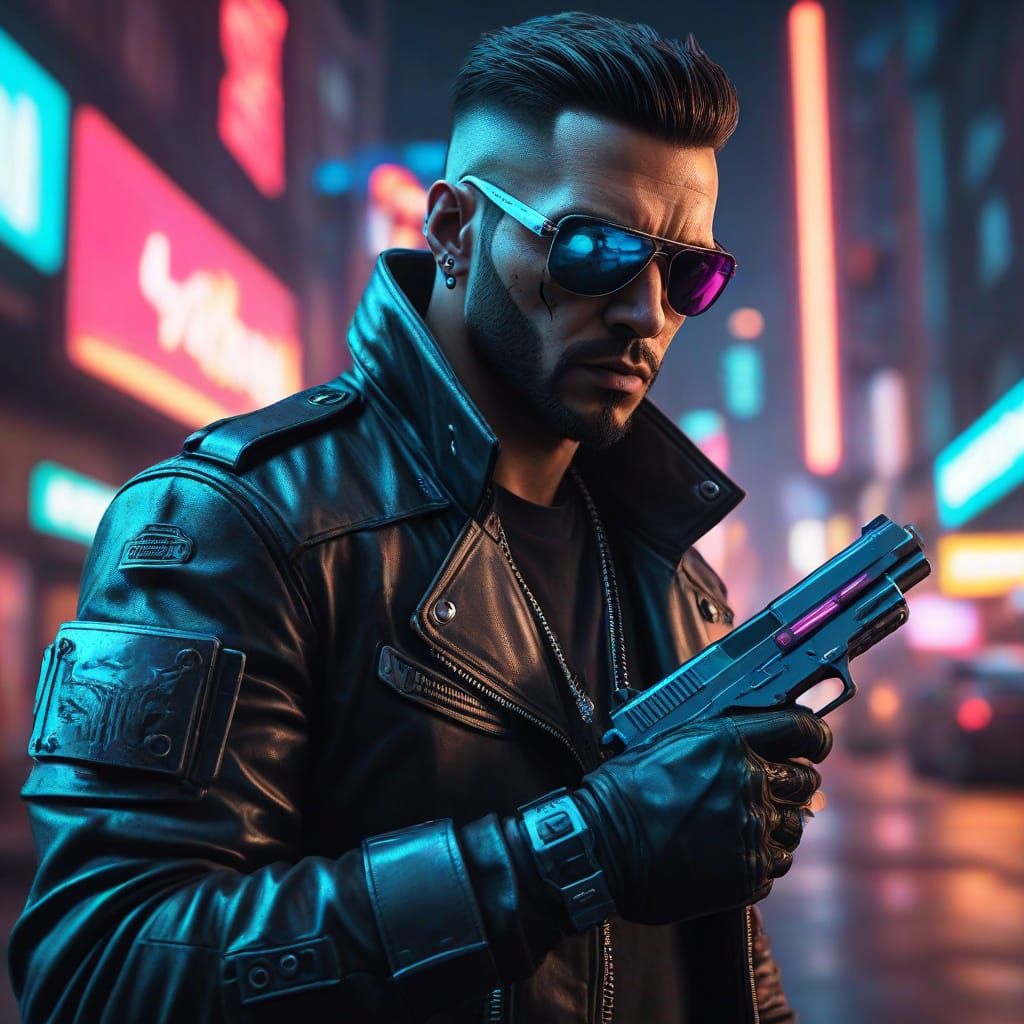 Cyberpunk Warrior in Neon Urban Night