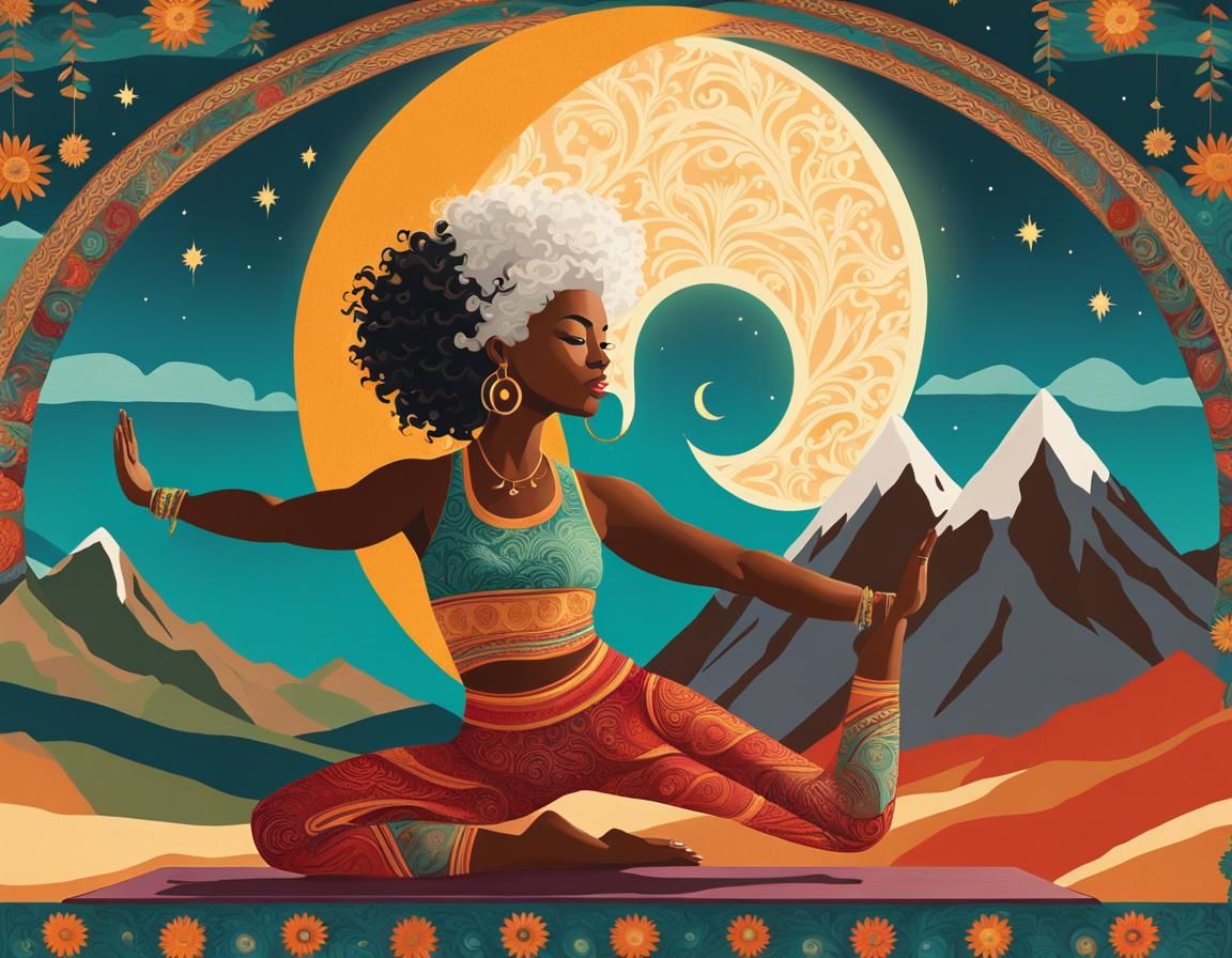 Joyful Woman in Yoga Pose in Folk Art Tapestry