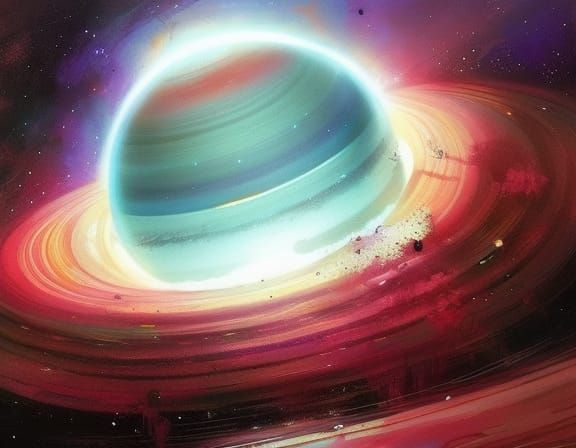 Ringed Planet with Nebula in Detailed Matte Painting