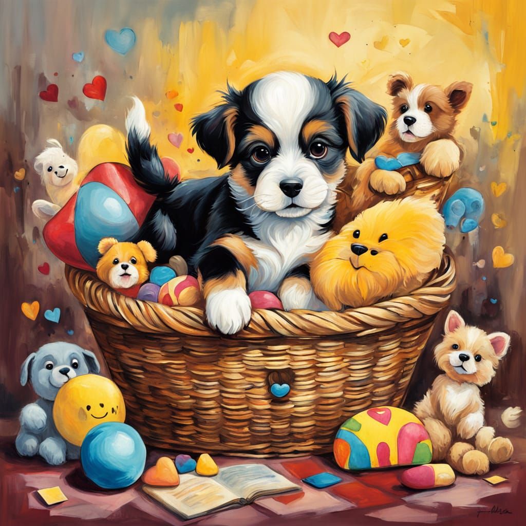 Whimsical Oil Painting of a Little Puppy in His Cozy Dogbask...