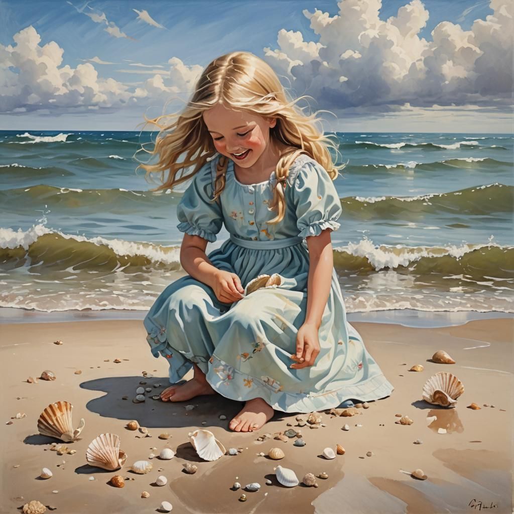 Girl Collecting Seashells on a Sunny Beach Painting