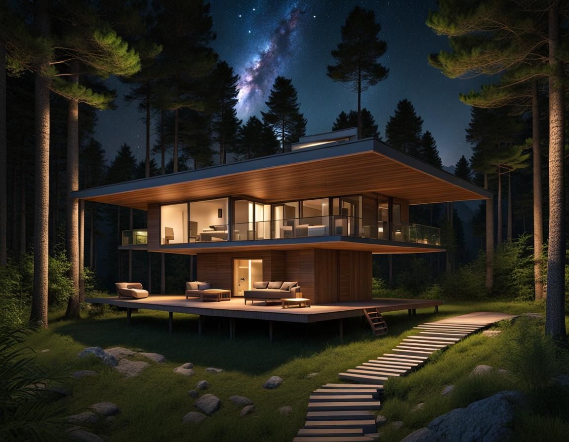 Autonomous House in Forest Under Clear Night Sky