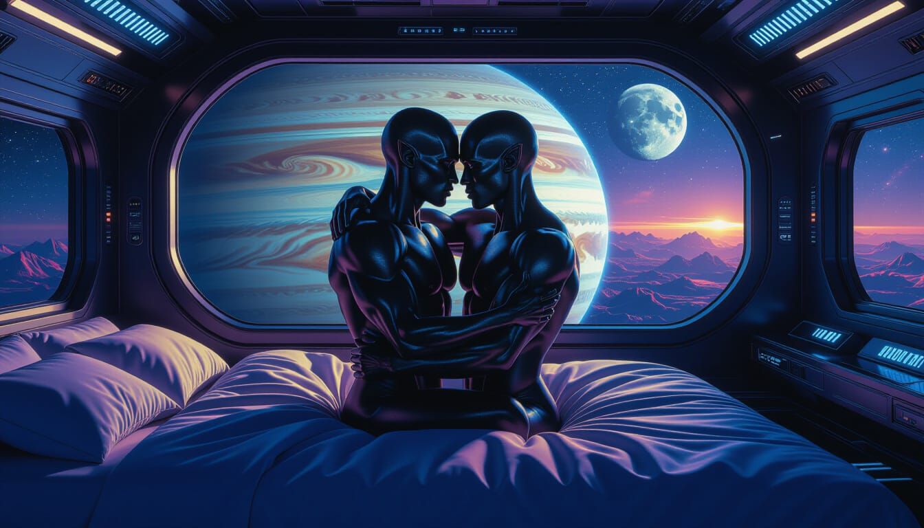 Alien Lovers Embrace on Spaceship Over Jupiter