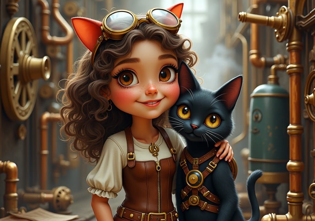 Steampunk Girl and Cat with Engine Illustration