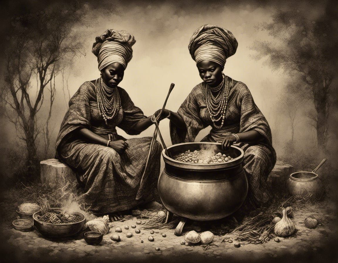 Two women in traditional African clothes, cooking in a cauldron. <lora:Black and White Ink:1.0>