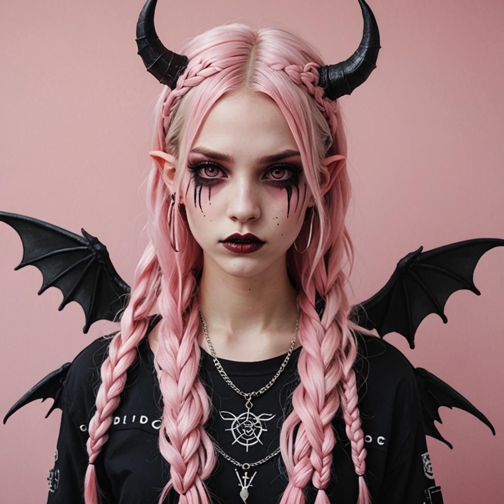 Emo Punk Demon with Blonde Braids and Horns