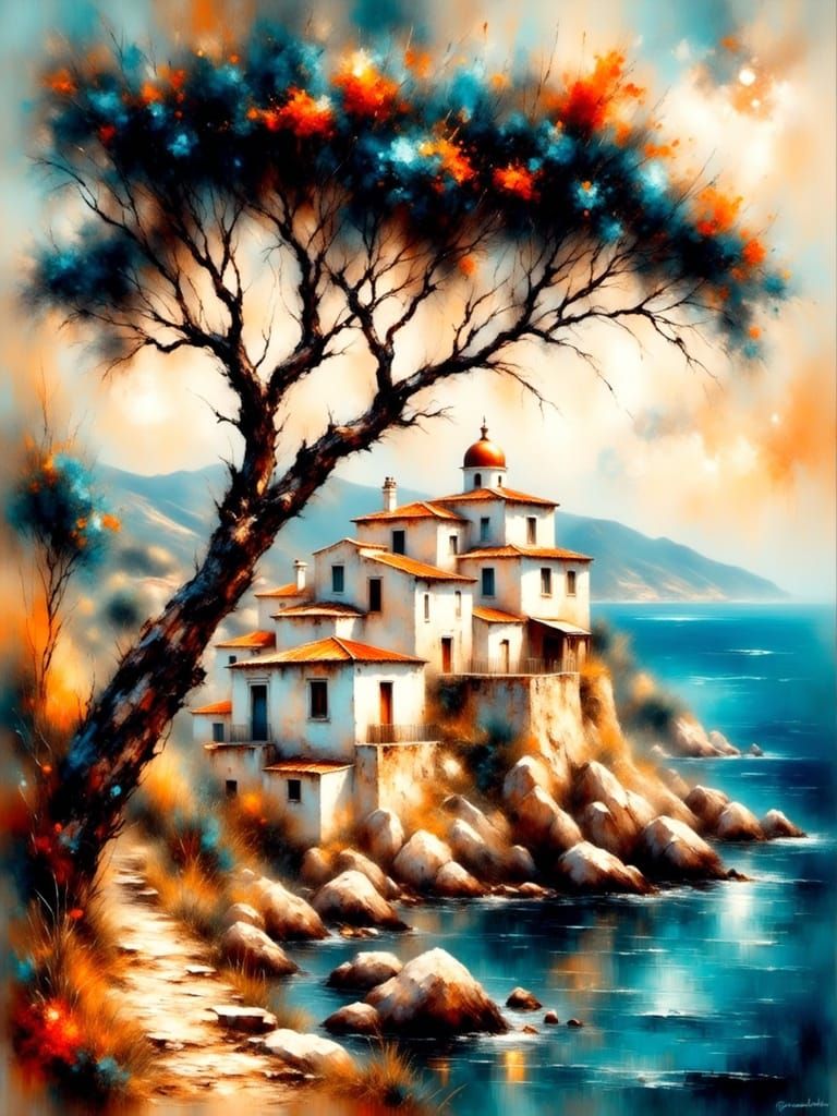 Surreal Mediterranean Landscape in Impressionist Style