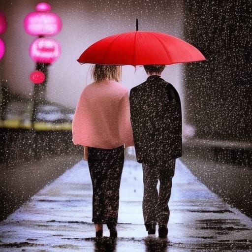 Petal People Dancing in Rainy Street Scene
