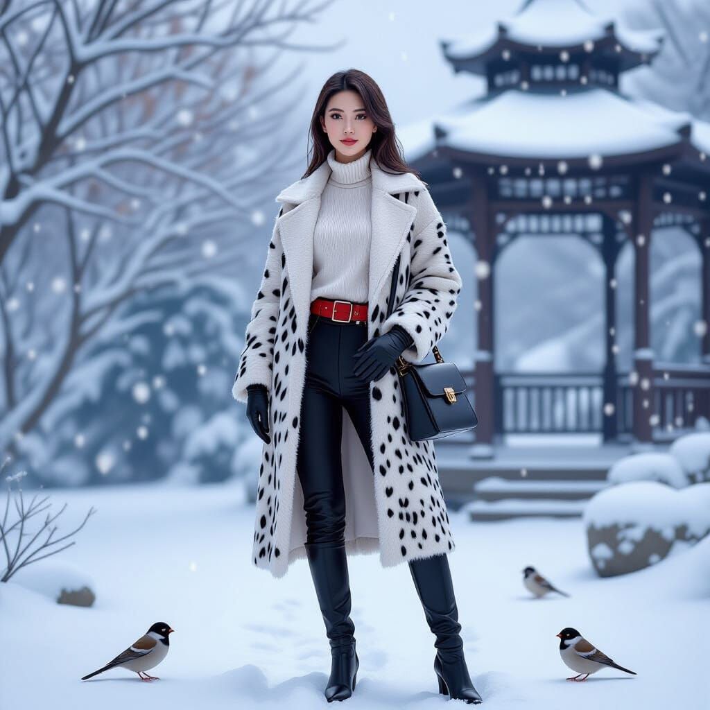 Asian Woman in Leopard Coat, Photorealistic Anime Style