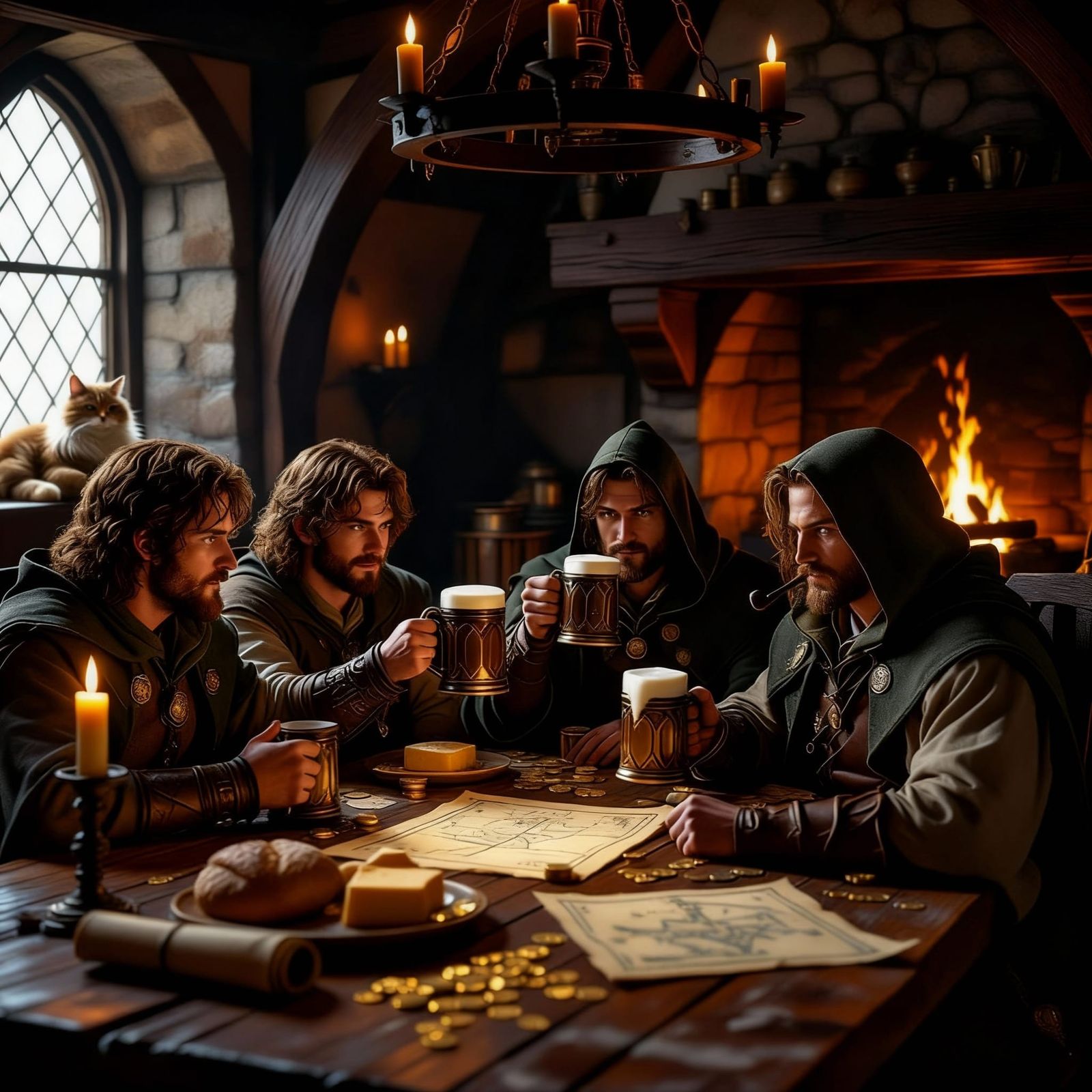 Medieval Tavern Scene with Hobbits and Aragorn