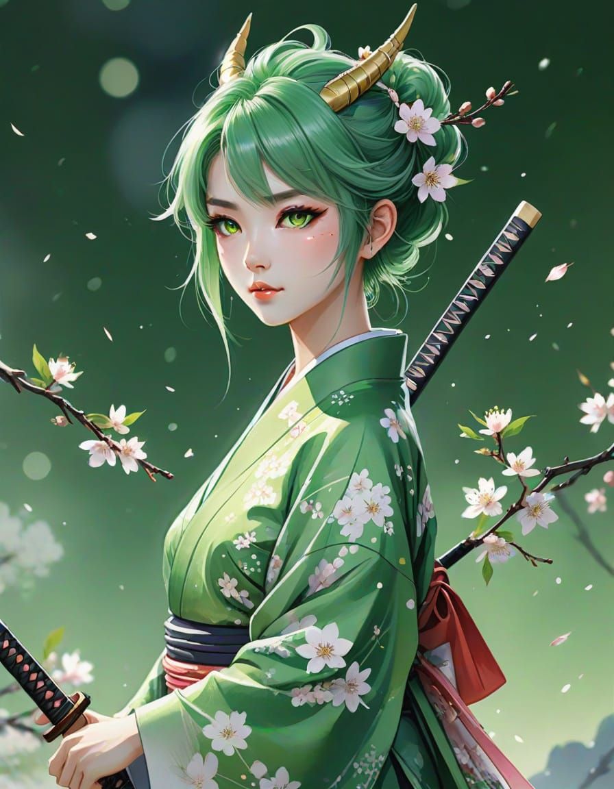 Anime Dragon Woman in Green Kimono with Cherry Blossoms