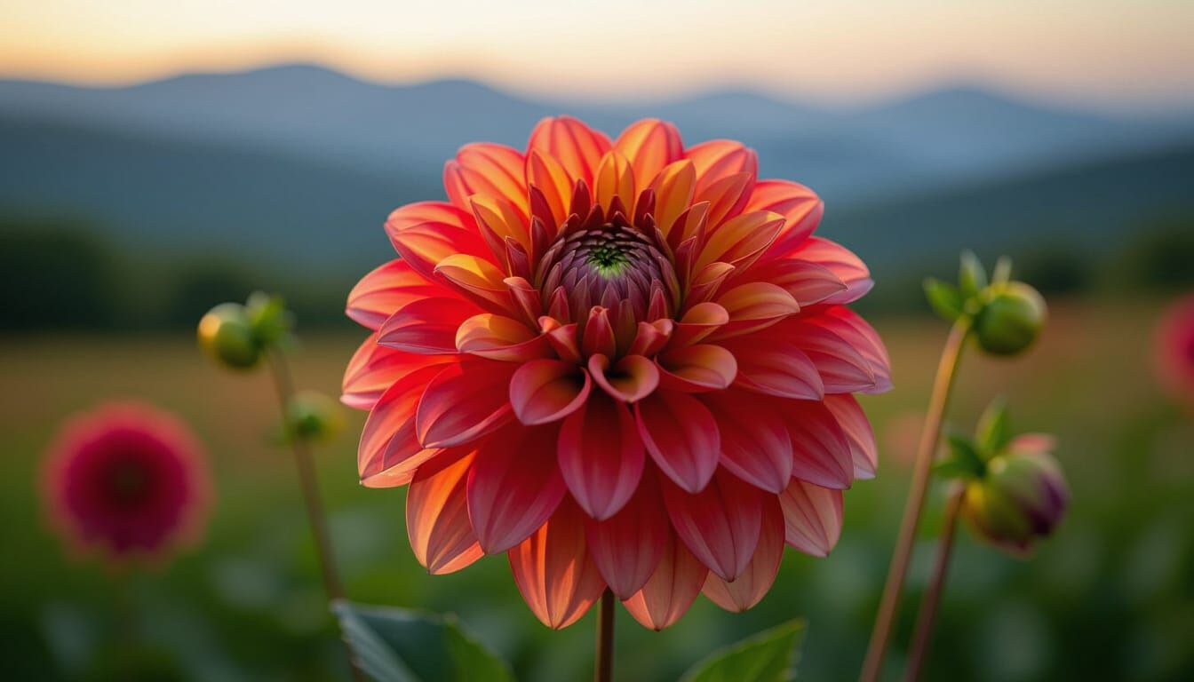 Crimson and Gold Dahlia in Mountain Landscape