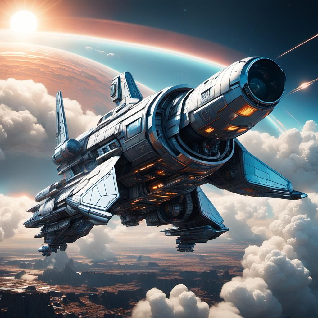 Sci-Fi Rocket Orbiting Clouded Planet