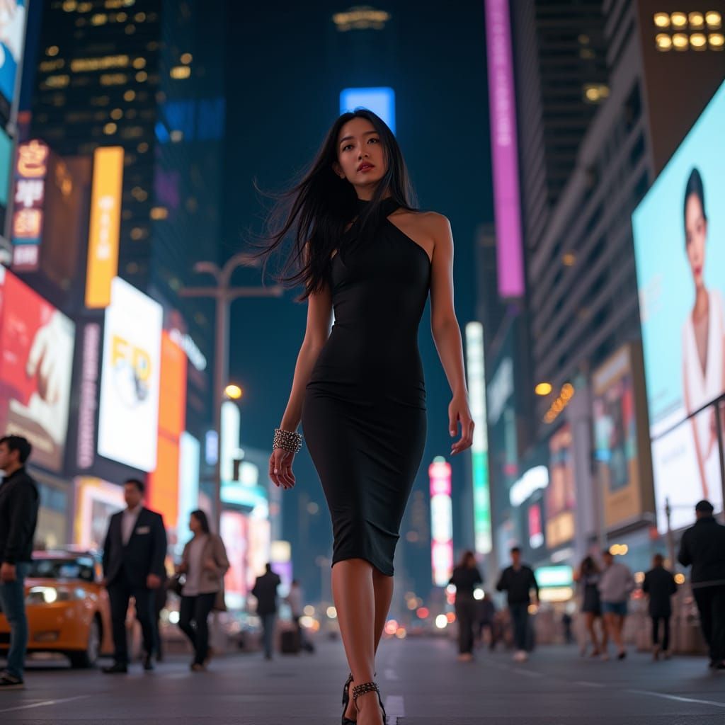 Stylish Woman Walks Confidently in Times Square