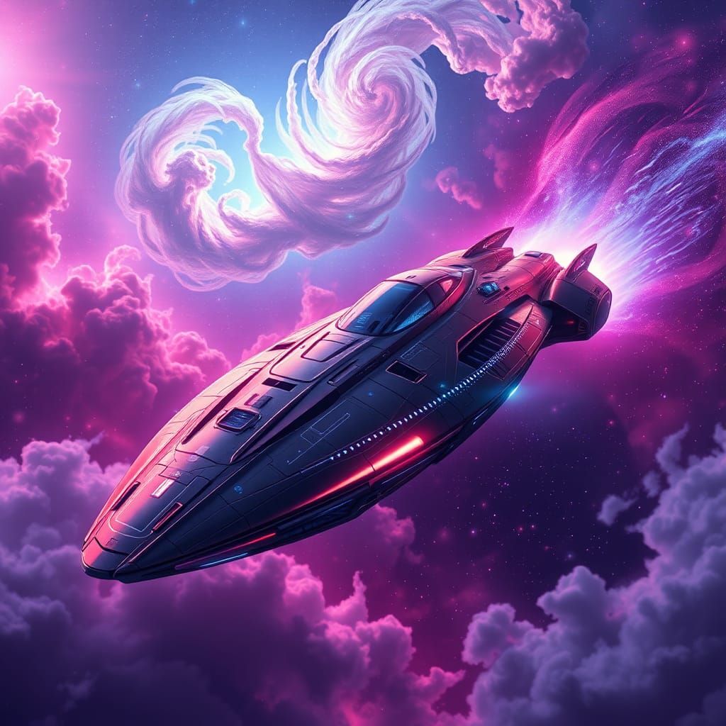 Intergalactic futuristic spaceship flying through a colorful galaxy, sleek and modern, neon lighting, cyberpunk aestheti...