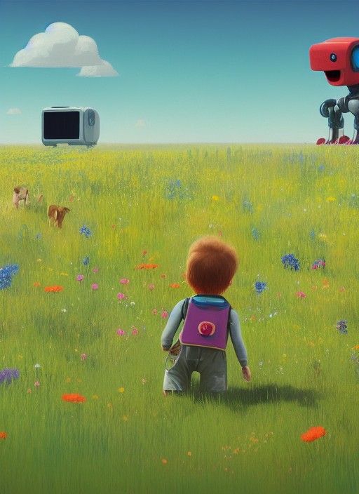 Toddler and Robot Dog in Sunny Field, Stålenhag Style
