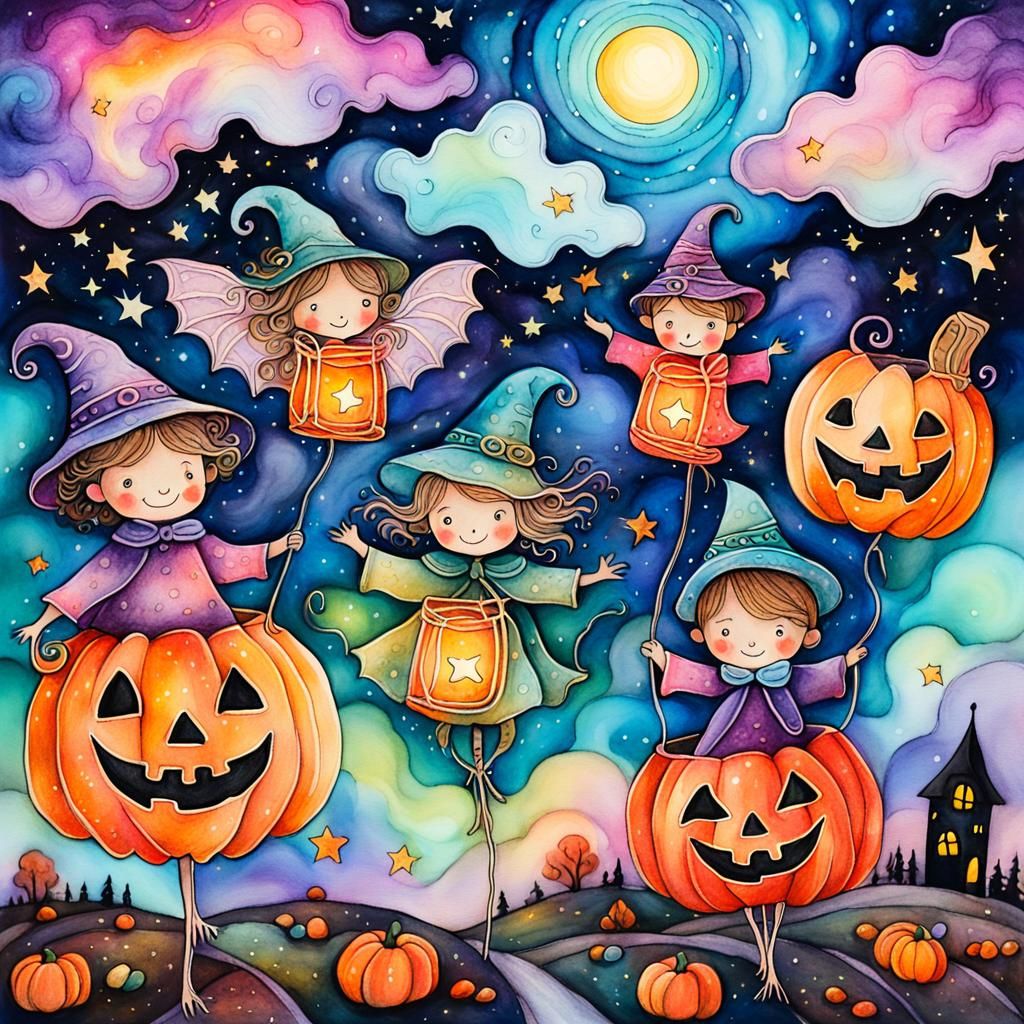 Whimsical Trick-or-Treating Scene in Childlike Style
