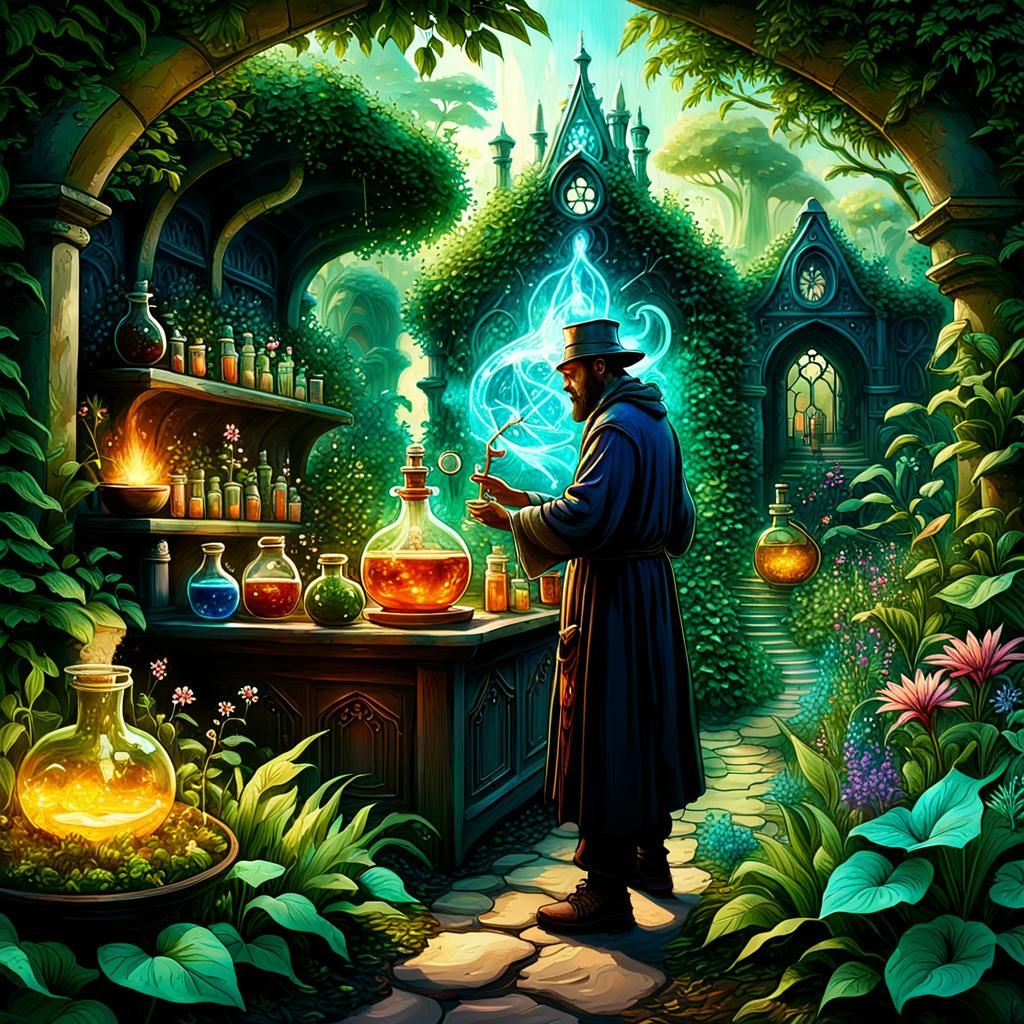 Alchemist in Lush Garden: Fantasy Concept Art