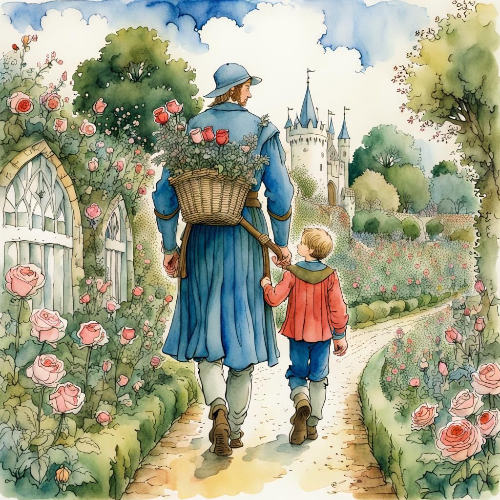 Medieval Father and Son in Rose Garden Illustration