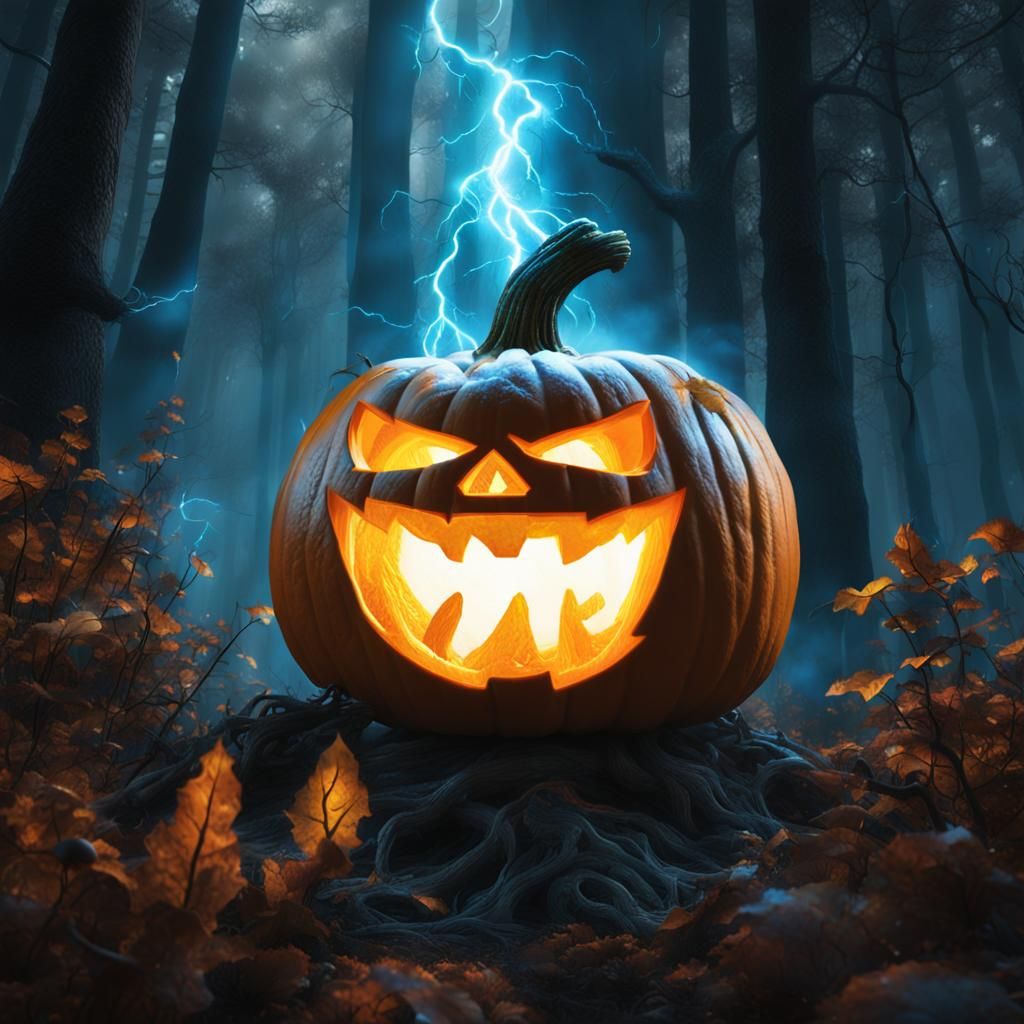 Glowing Pumpkin with Lightning Beard in Mystical Forest
