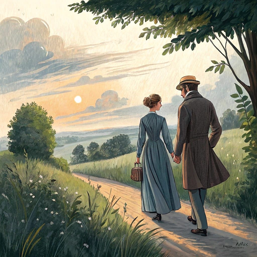 A 19th Century Couple Strolls Hand in Hand in a Vibrant Impr...
