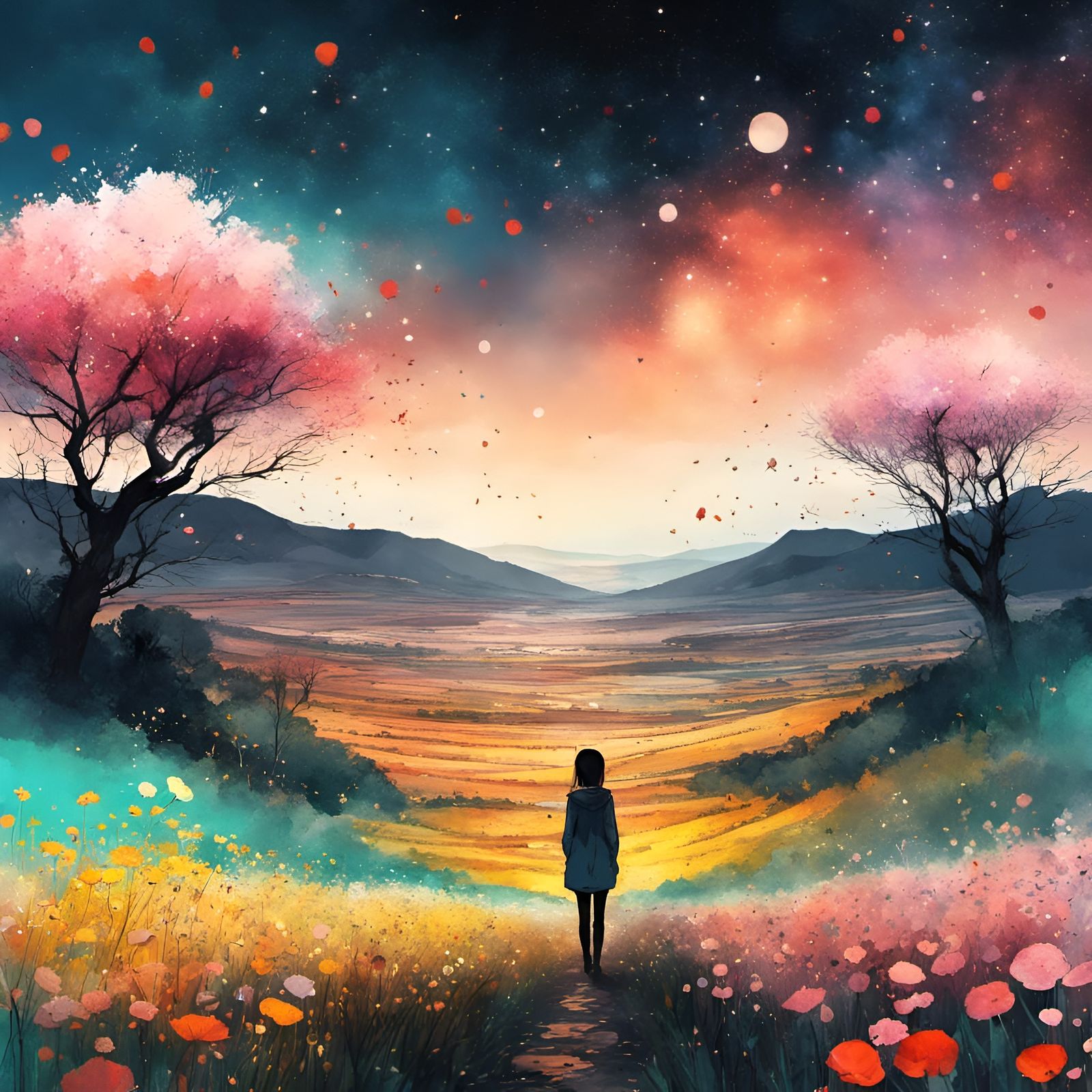 Flowery Field Anime Portrait in Watercolor