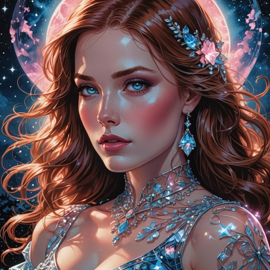 Auburn-Haired Woman in Glass Dress with Night Sky