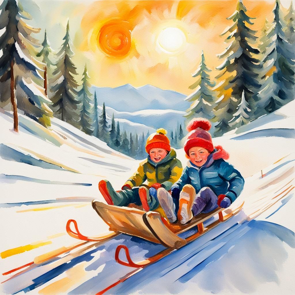 Children Sledding Downhill in Gouache Style