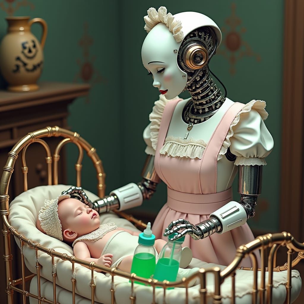 Maid Robot with Baby Bottles in Fantasy Style
