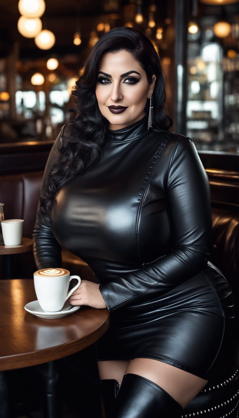 Gothic Woman with Latte in Dim Cafe, Photorealistic