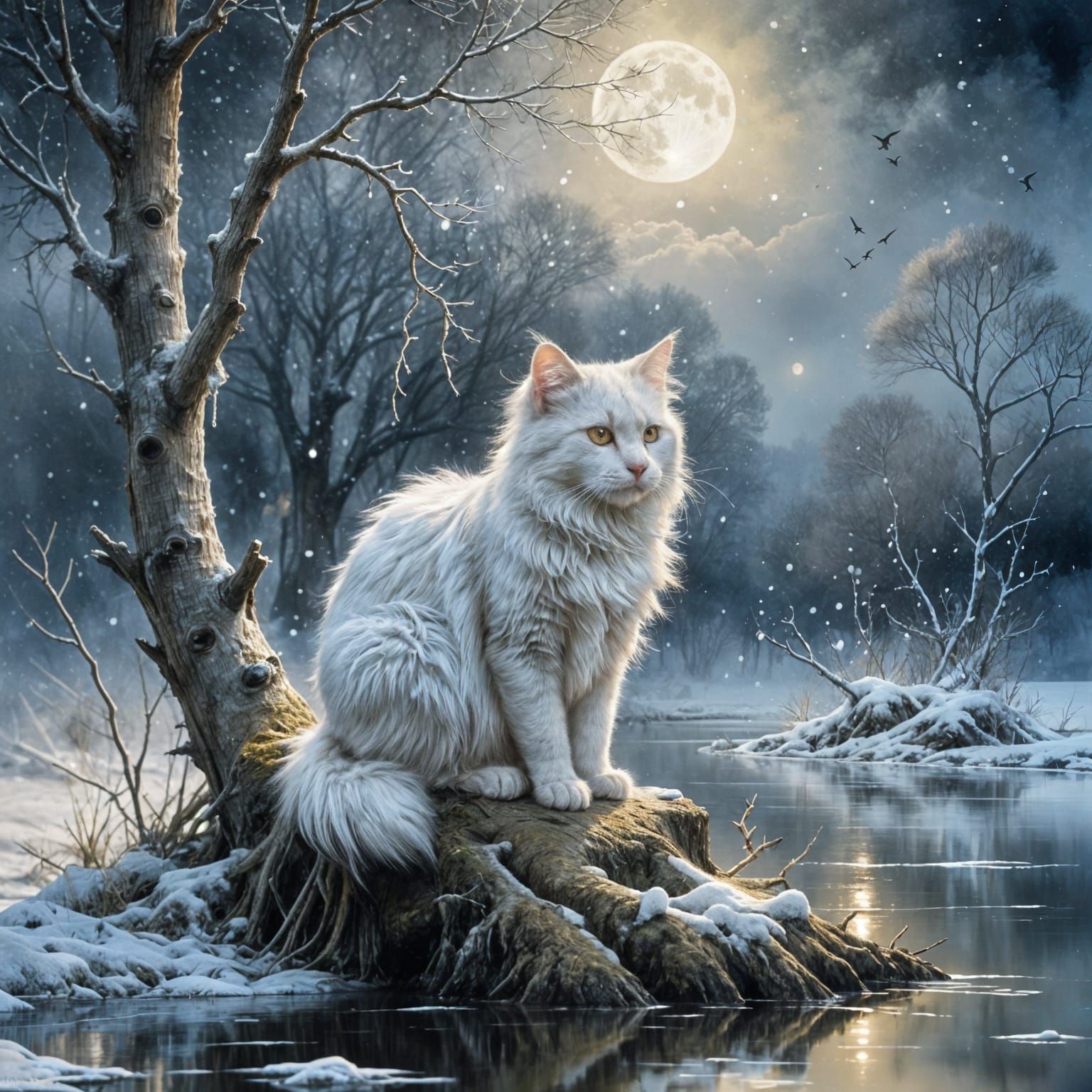 Ghostly White Angora Cat on Frozen Lake in Winter Storm