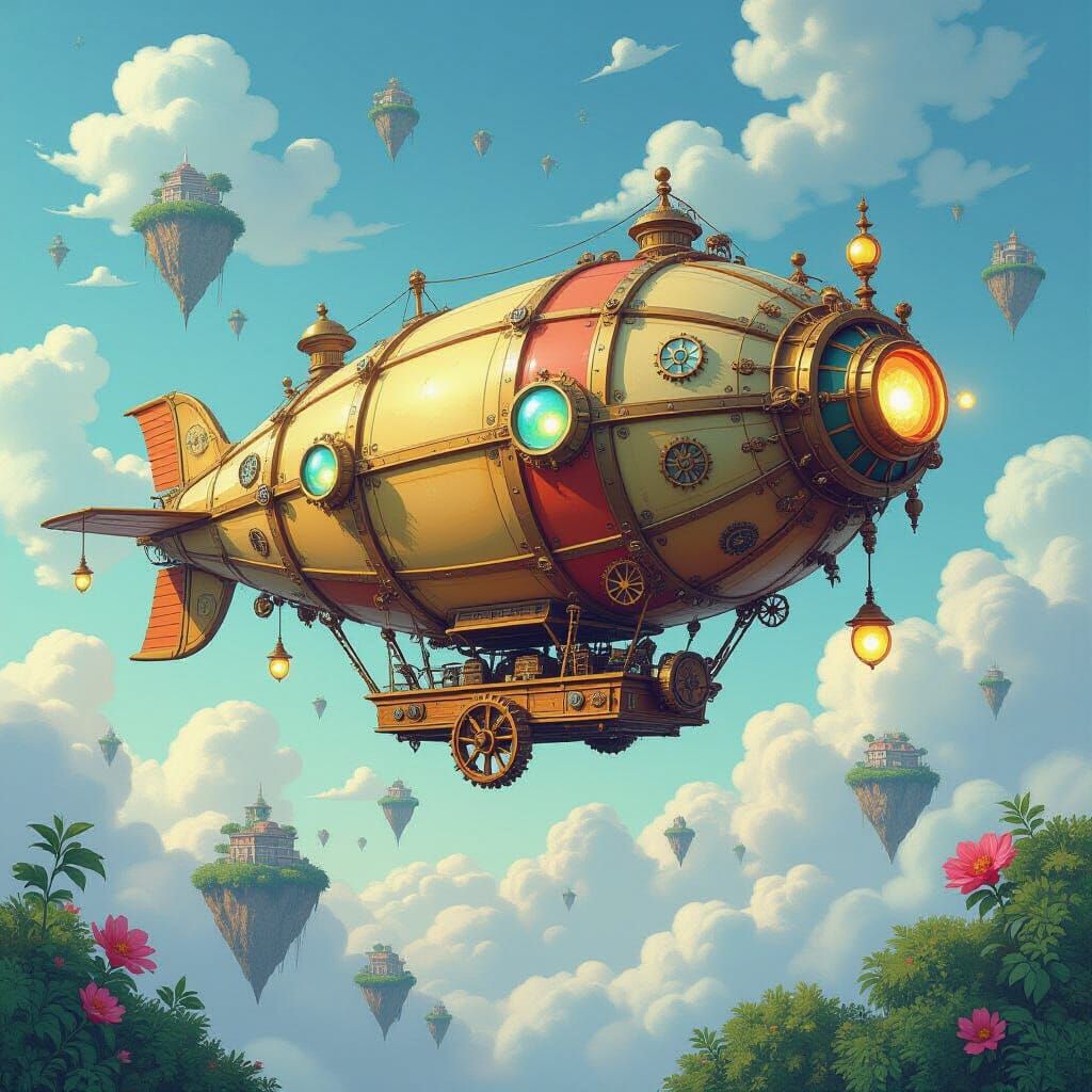 Whimsical Clockwork Dirigible in Fantastical Sky