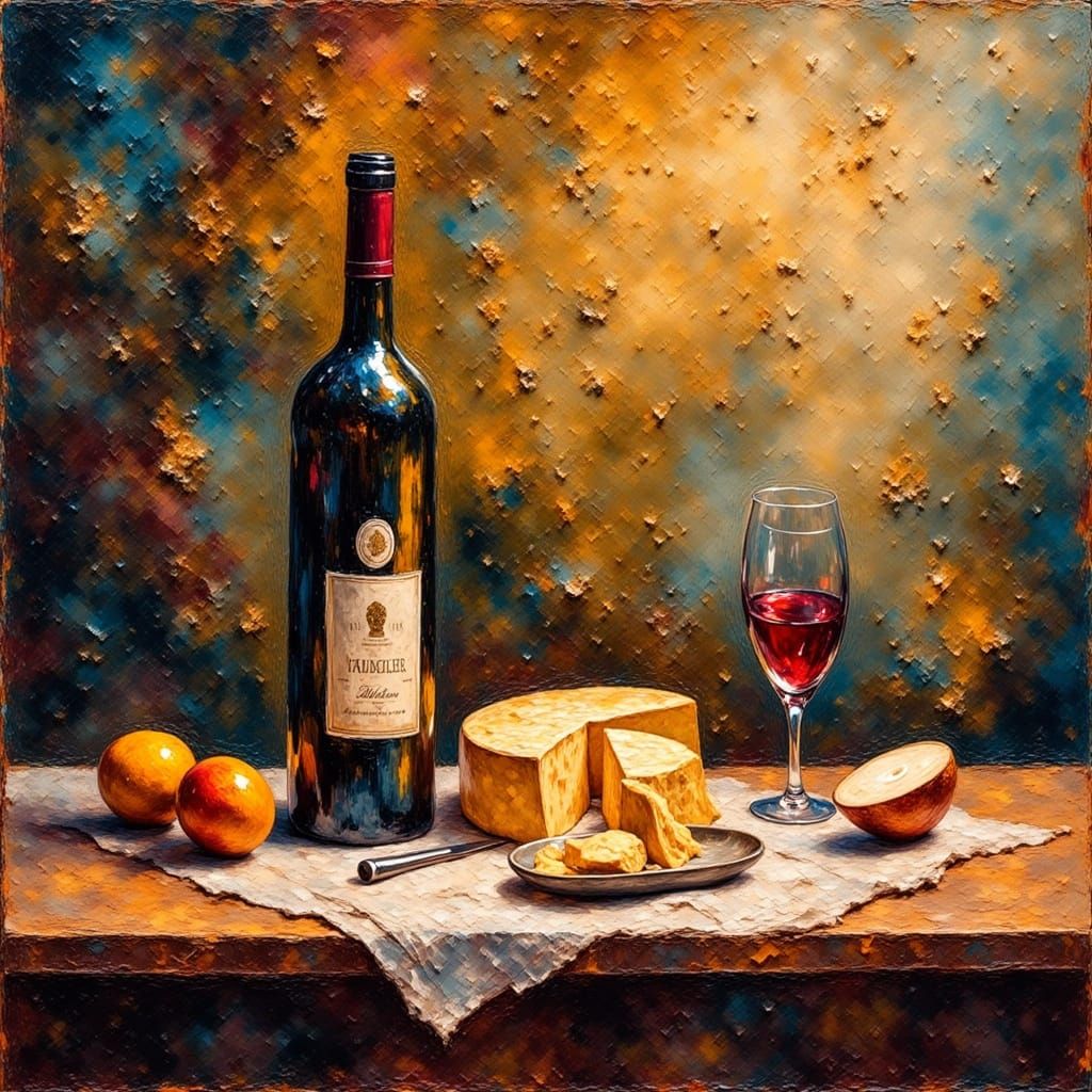 Vibrant Fauvist Still Life with Wine and Cheese