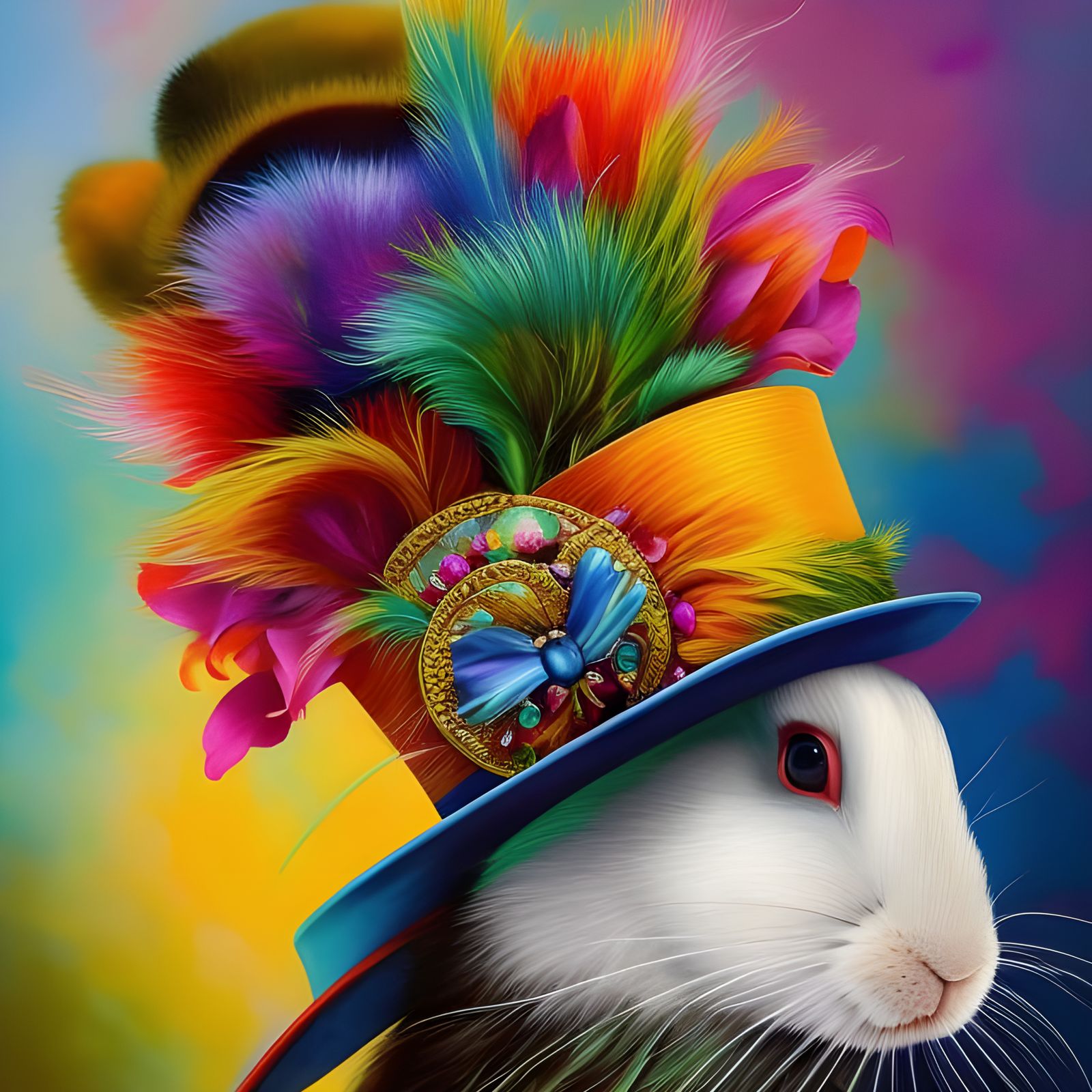 Colorful Mad Hatter Rabbit Portrait in Surreal Style