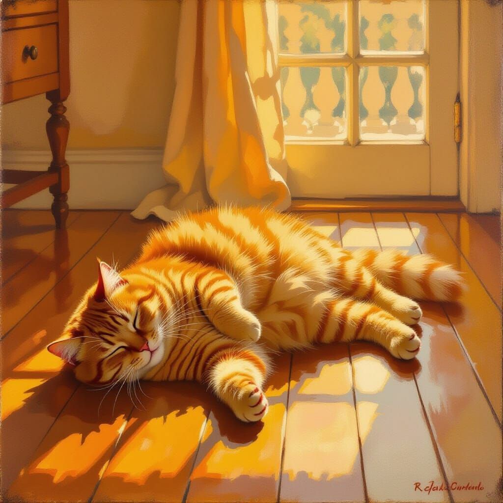 Orange Cat Basking in Golden Hour Light as Oil Painting