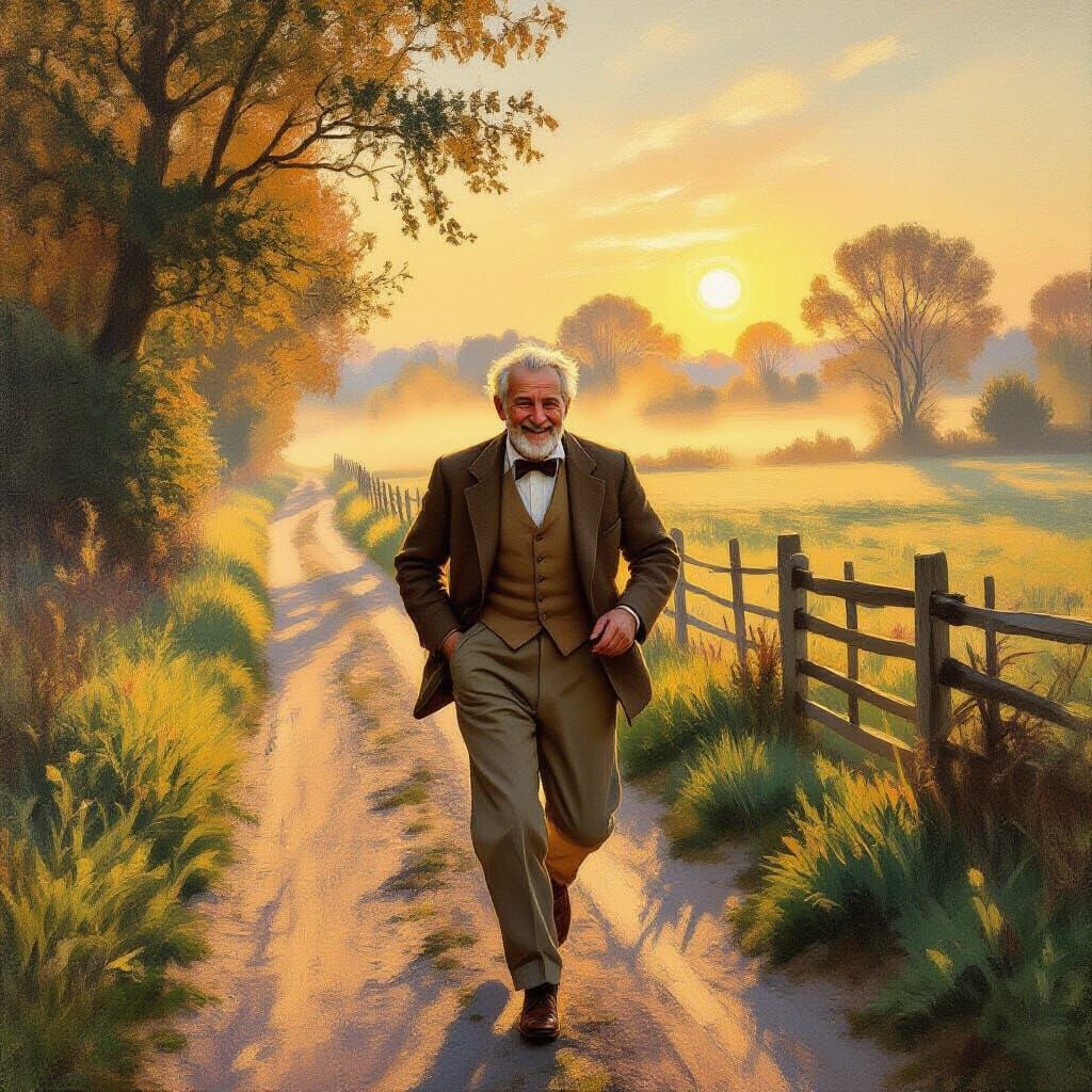 Joyful Man Skipping at Dawn in Impressionist Style
