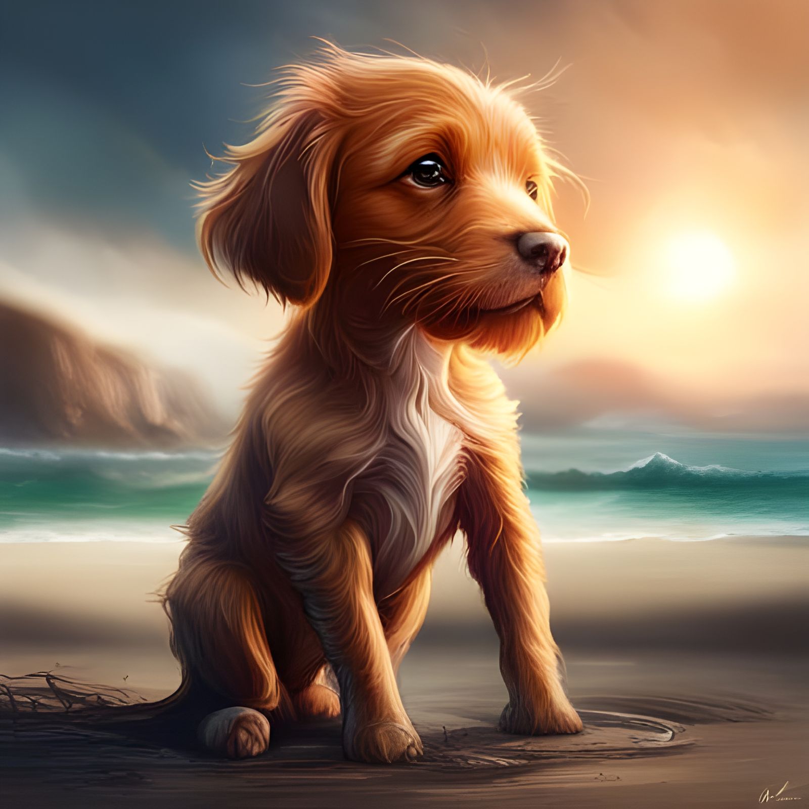 Adorable Puppy Plays on Sunny Beach: Hyperreal Splash Art
