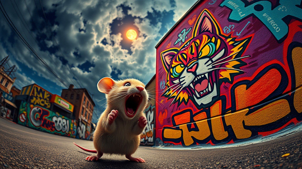 Frightened Mouse and Graffiti Cat in Pixar Style