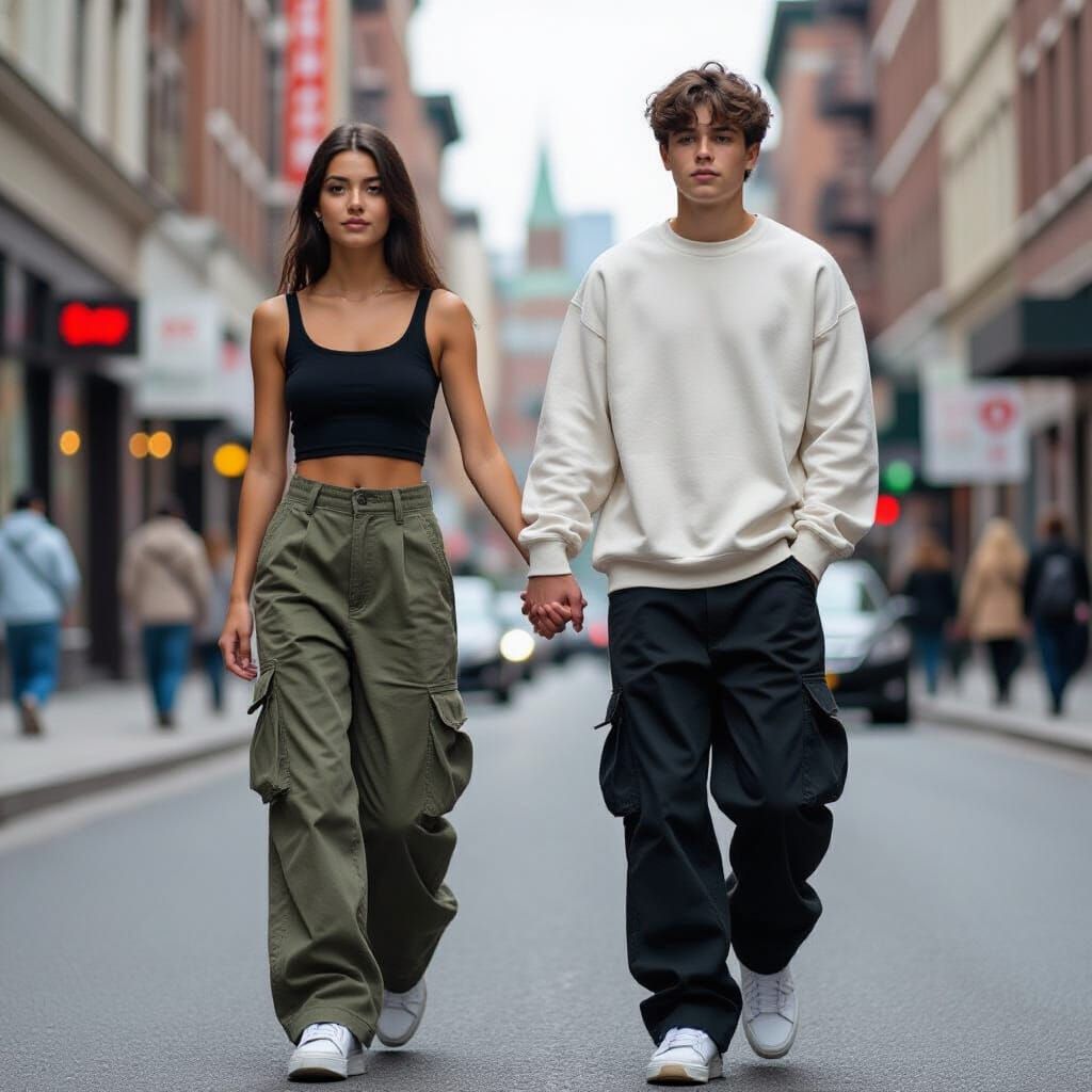 Girl and Boy Holding Hands Walking Down Street
