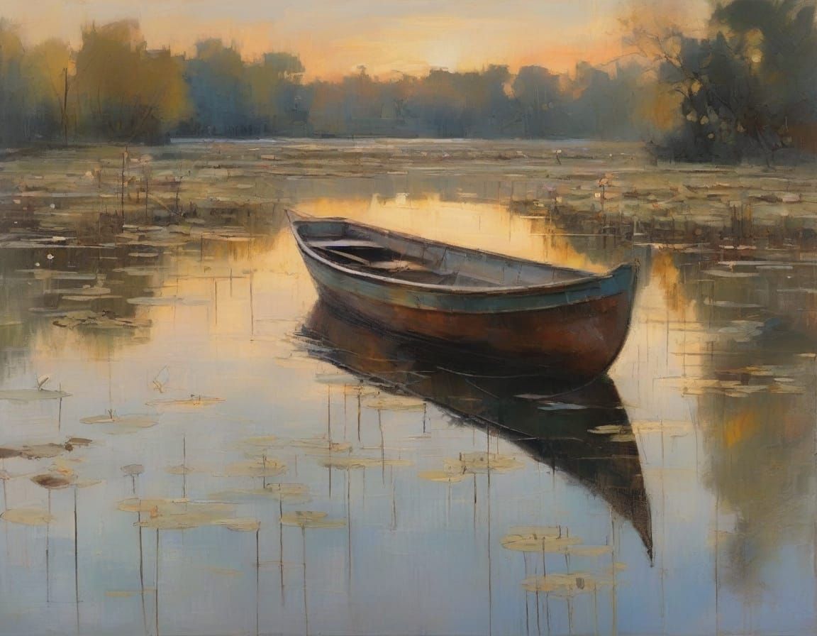 Serene Lake at Dusk: Boat, Lilies, and Birds