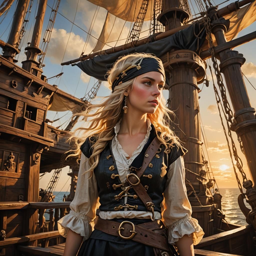 Pirate Girl on Ship as Baroque Oil Painting
