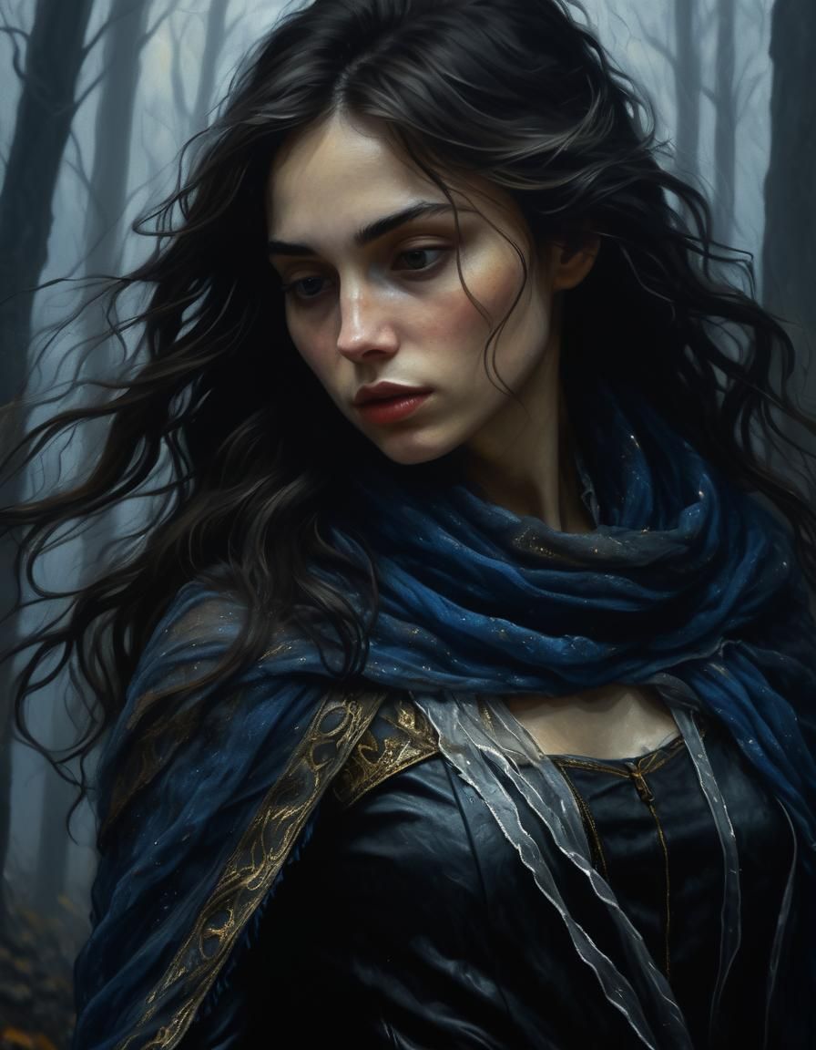 Chiaroscuro Oil Painting: Woman Running in Fog