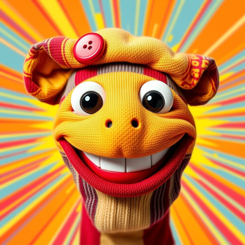 Vibrant Sock Puppet with Comic Book Folds and Pop Art Backgr...