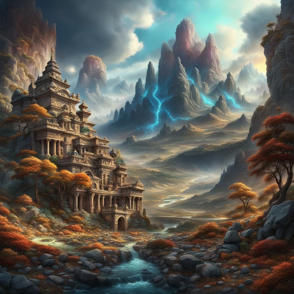 Filigree Landscape with Colorful Gemstones Digital Painting