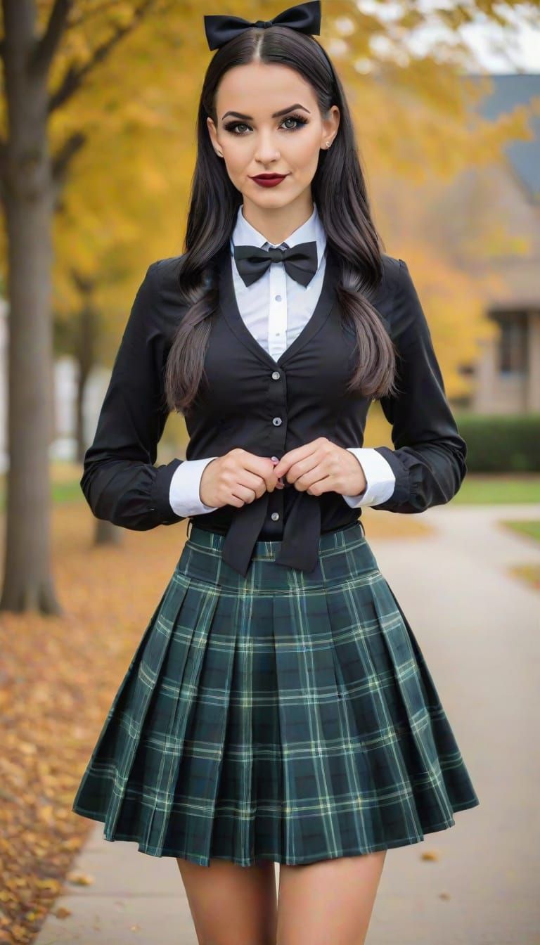 Gothic teacher in student uniform
